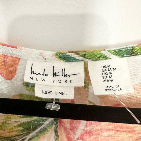 Nicole Miller Dress Floral Tropical 100% Linen medium Flutter Sleeve V-neck - Picture 2 of 3